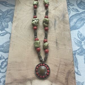 Artisan Turquoise, Coral and Brass Beaded Necklace with Pendant